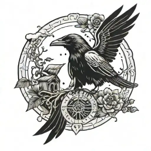 A raven perched on a farmer's shoulder, surrounded by symbols of death and life tattoo design idea