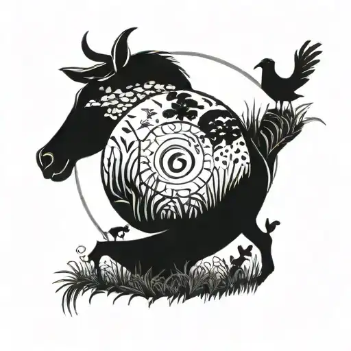 A farmer tending to a field with animals and plants intertwined in a yin yang symbol tattoo design idea
