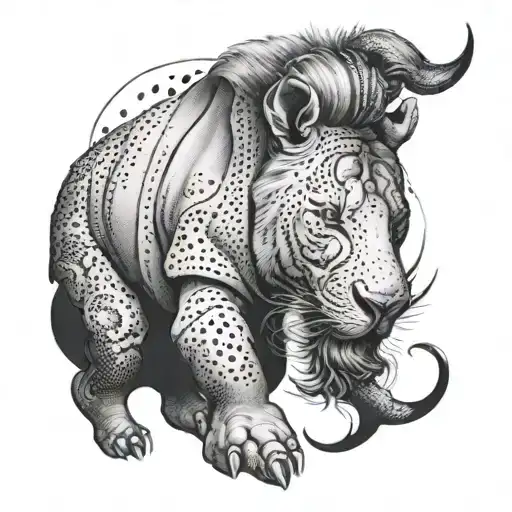 feminine romantic arm sleeve with elements from the show friends, a rhino, an octopus, and a lion tattoo design idea