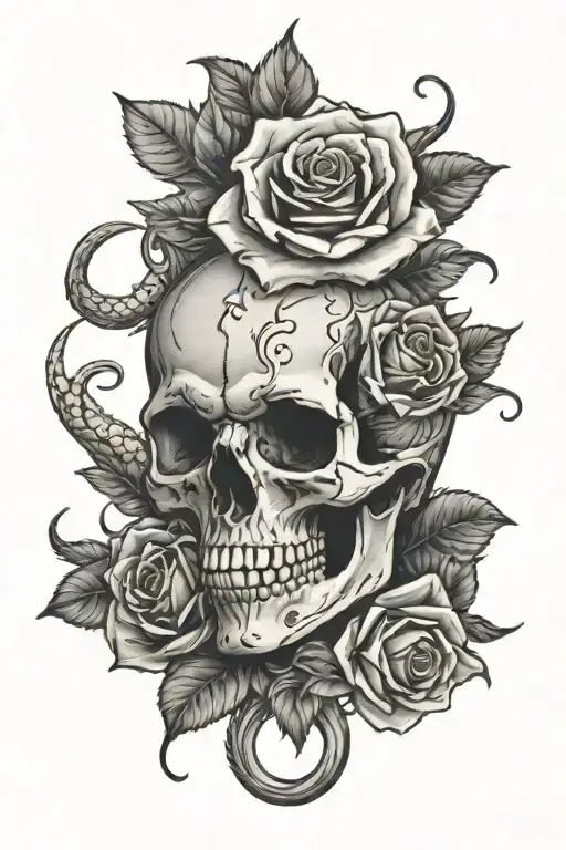 central skull, rose at top and bottom, snake wrapping around from top to bottom tattoo design idea