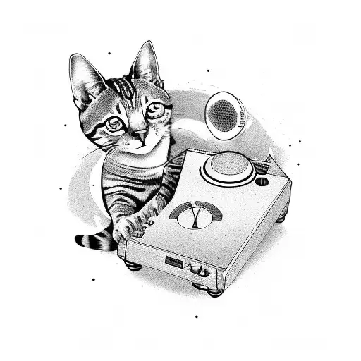 A tattoo design of a cat DJ mixing records with a sci-fi background tattoo design idea