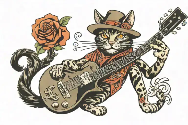 cat wearing cowboy hat playing guitar  tattoo design idea