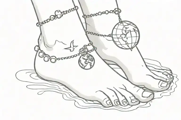 anklet tattoo with a crown , globe, travel aesthetic, and cat tattoo design idea