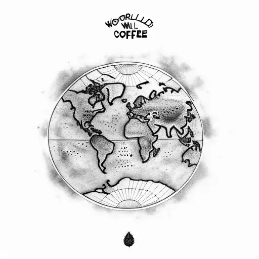 a world map with a coffee bean growing a plant tattoo design idea