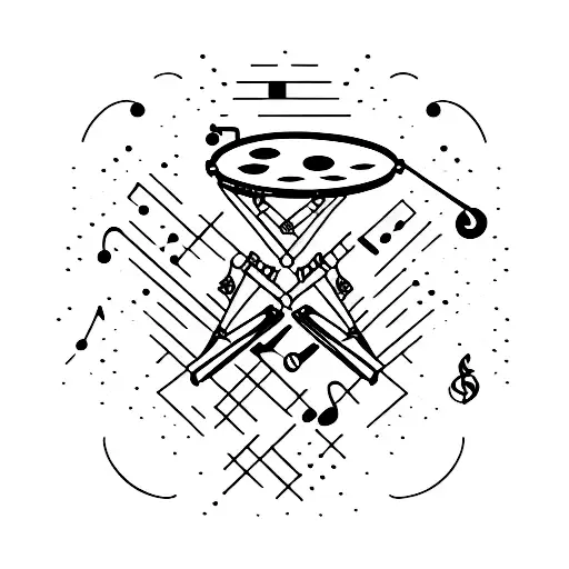 A futuristic minimalist design of a drummer surrounded by floating musical symbols tattoo design idea