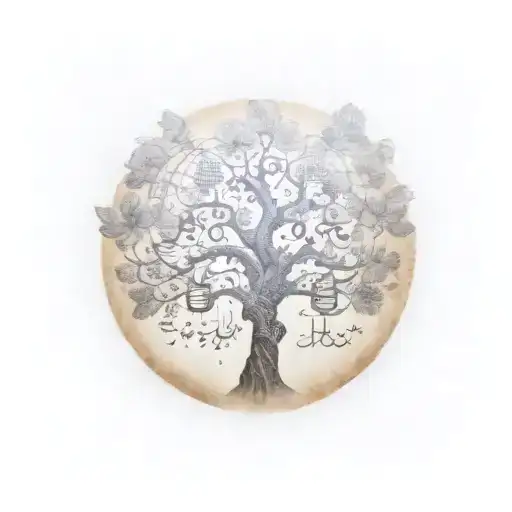 A steam punk-inspired tree of life with musical notes flowing through the branches tattoo design idea