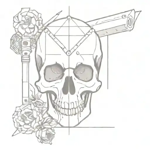 A minimalist geometric design of a skull surrounded by woodworking tools tattoo design idea