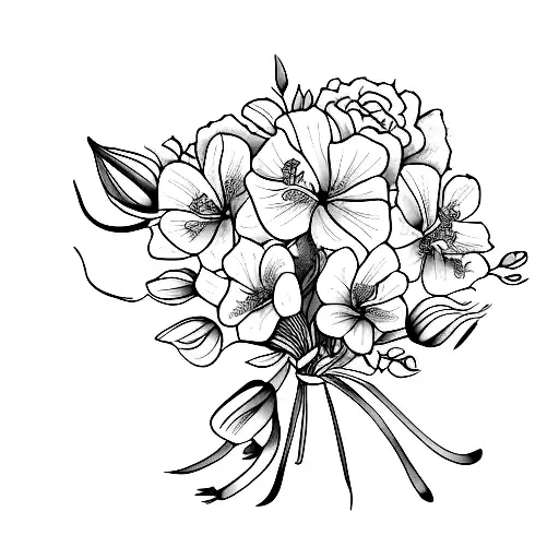 straight up bouquet with a tie around the stems one carnation, two violets, one daffedil, and one lily tattoo design idea
