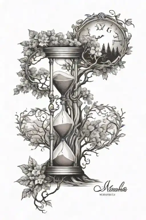 hourglass and tree growing tattoo design idea