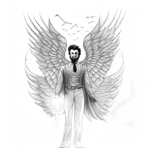 A man with angel wings floating slightly above the ground. The man has a broken wing, and the other wing is lightly cove tattoo design idea