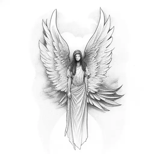 A man with angel wings. The man has a broken wing, and the other wing cover a young girl who look to the sky tattoo design idea