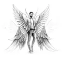 A man with angel wings floating slightly above the ground. The man has a broken wing, and the other wing is lightly cove tattoo design idea