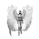 A man with angel wings floating slightly above the ground. The man has a broken wing, and the other wing is lightly cove tattoo design idea