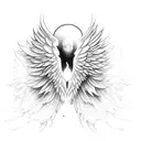 A man with angel wings floating slightly above the ground. The man has a broken wing, and the other wing is lightly cove tattoo design idea