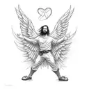 A man with angel wings floating slightly above the ground. The man has a broken wing, and the other wing is lightly cove tattoo design idea
