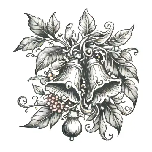bell flowers olive leaves pomegranate branch intertwined tattoo design idea