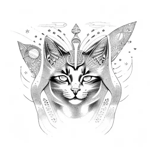 A captivating scene of the Egyptian goddess Bastet surrounded by cosmic elements, symbolizing the harmony between animals and the celestial realm tattoo design idea