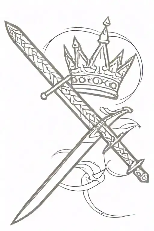 chipped sword with a crown above the hilt facing down tilted.  tattoo design idea