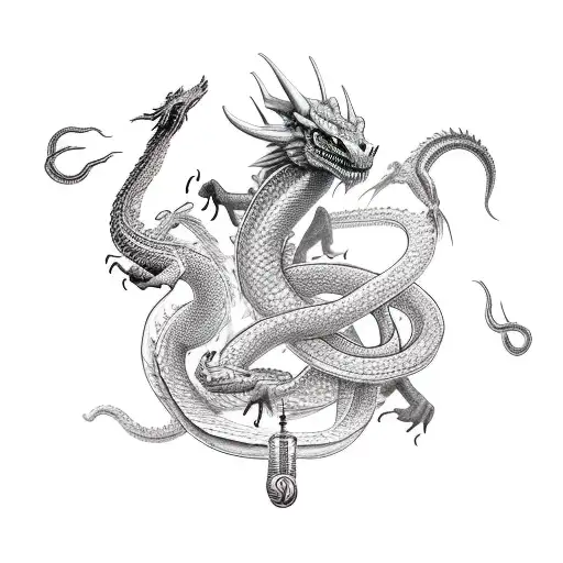 A powerful magician casting spells with a dragon and serpent as familiars tattoo design idea