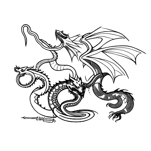 A powerful magician casting spells with a dragon and serpent as familiars tattoo design idea