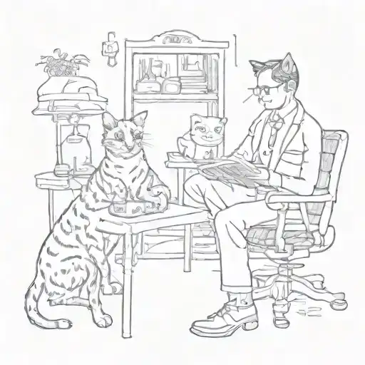 A whimsical illustration of a psychologist providing catharsis to a cat, with the word 'CATARSE' woven into the scene tattoo design idea