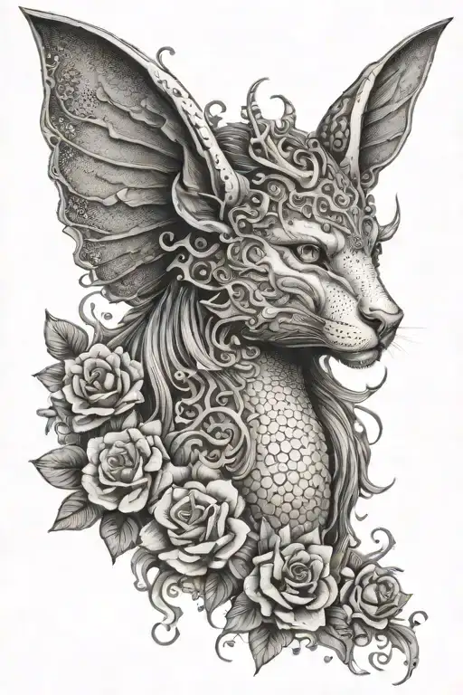 A feminine subject matter for a black and gray stipple-shaded tattoo.  scene featuring a serene, mythical creat tattoo design idea