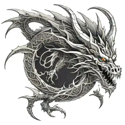 A large, intricate dragon, perhaps in a spiral or holding a skull, representing Alduin or the dragons in the game Skyrim tattoo design idea