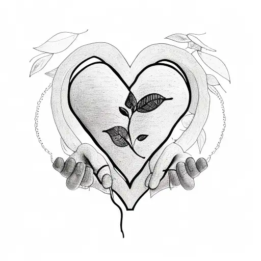 heart with leaves around it and hands hugging it tattoo design idea