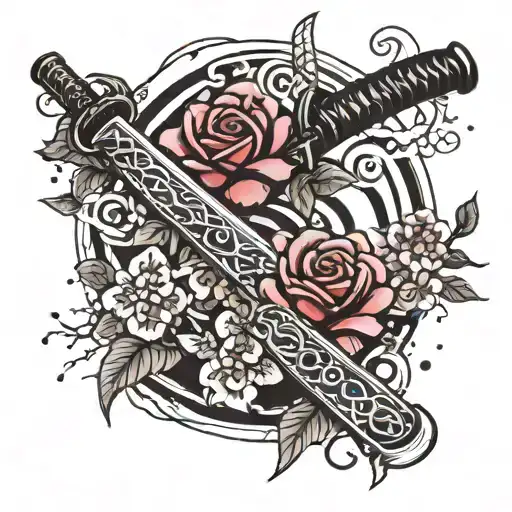 katana in the ground wrapped with a rose with cherry blossom leaves falling tattoo design idea