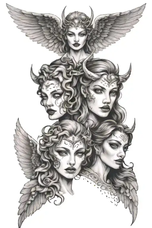 two women faces demon and angel   tattoo design idea