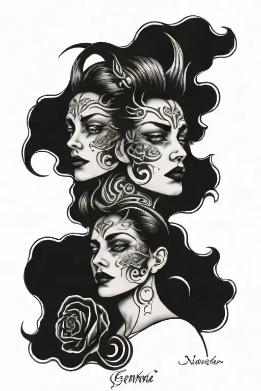 a woman with two faces Gemini symbol tattoo design idea