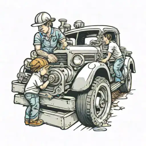 A realistic tattoo of a mechanical engineer working on a vintage truck engine, with his sons playing nearby in a new-school style tattoo design idea