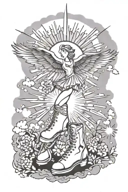 “Oh dear” Figure skating “You are my sunshine my only sunshine” Sun shining down on cross and gates of heaven with cloud tattoo design idea