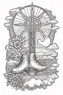 “Oh dear” Figure skating “You are my sunshine my only sunshine” Sun shining down on cross and gates of heaven with cloud tattoo design idea