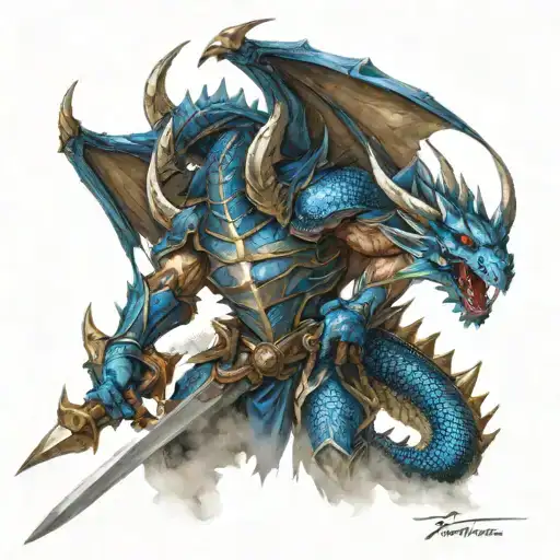 blue dragon in armor with a great sword. axe by his side, white scar downward over his eye. angry, lightning background tattoo design idea