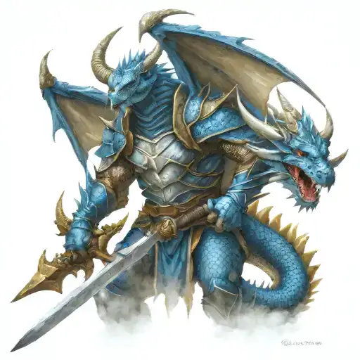 blue dragon in armor with a great sword. axe by his side, white scar downward over his eye. angry, lightning background tattoo design idea
