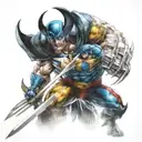 marvel character wolverine fighting superman.  sumoermans laser eye beams to wolverines metal claws  tattoo design idea