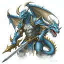 blue dragon in armor with a great sword. axe by his side, white scar downward over his eye. angry, lightning background tattoo design idea