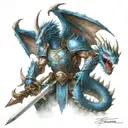 blue dragon in armor with a great sword. axe by his side, white scar downward over his eye. angry, lightning background tattoo design idea
