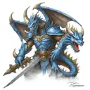 blue dragon in armor with a great sword. axe by his side, white scar downward over his eye. angry, lightning background tattoo design idea