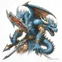blue dragon in armor with a great sword. axe by his side, white scar downward over his eye. angry, lightning background tattoo design idea