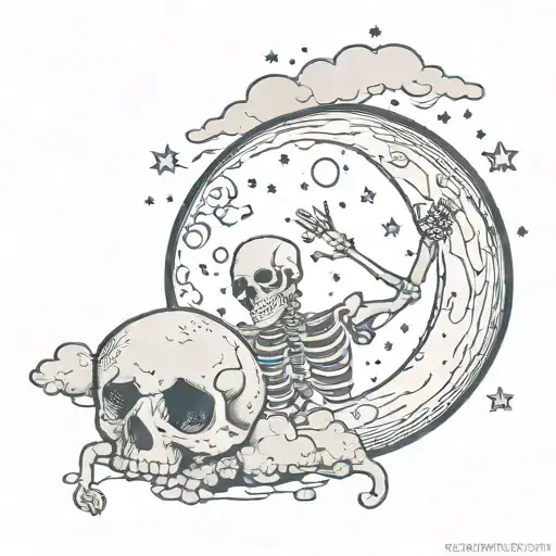 can u make a tattoo of the moon and some small stars and clouds with a skeleton laying on it calm thinking/reading a boo tattoo design idea