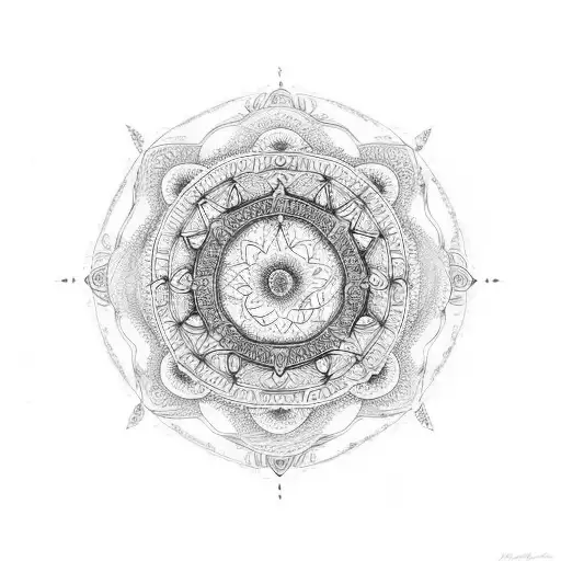 An intricate mandala design incorporating elements of the ocean, representing the harmony between spirituality and the natural world. tattoo design idea