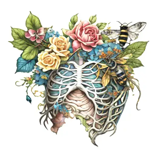 shoulder, chest and sleeve. vines coming out from under skin like muscles and tendons. with flowers and bees on it tattoo design idea