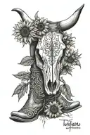 cow skull, cowboy boots, sunflowers, quote, barb wire wrapped tattoo design idea