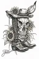 cow skull, cowboy boots, sunflowers, quote, barb wire wrapped tattoo design idea