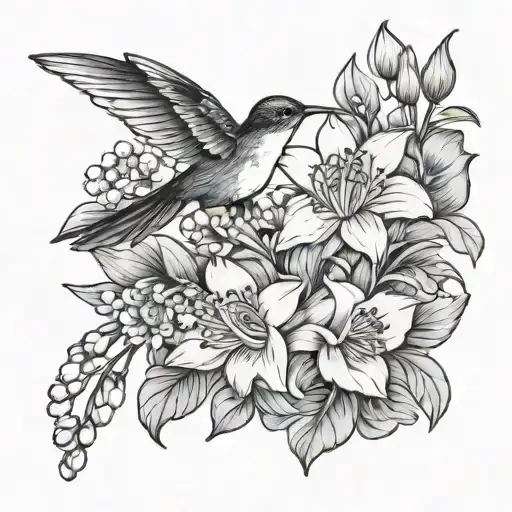 Lotus Flower Daffodil Lily of the Valley Aster Carnation Hummingbird tattoo design idea