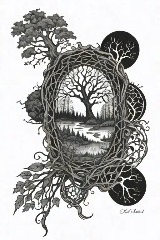 web of wyrd in forest scene tattoo design idea