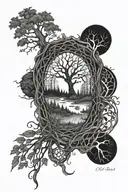web of wyrd in forest scene tattoo design idea