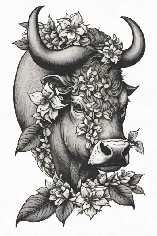 Taurus bull and May birth flowers tattoo design idea